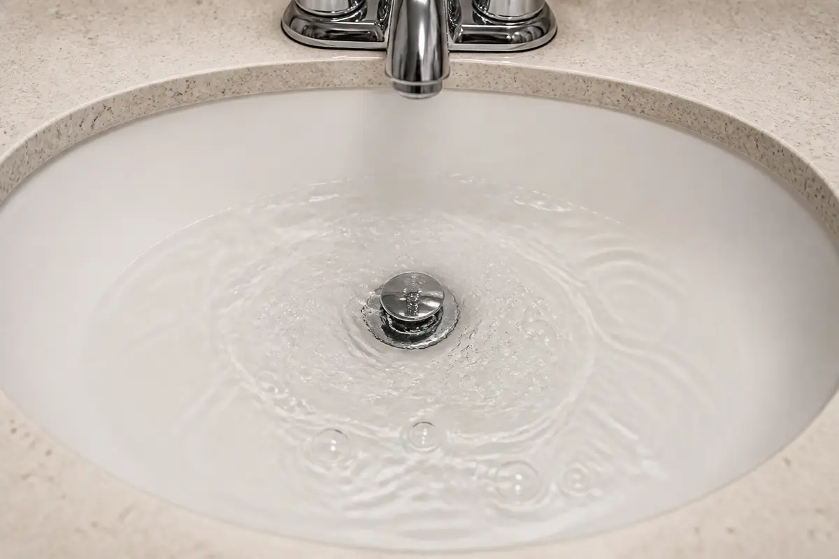 Small bubbles and ripples at a bathroom sink drain during gurgling