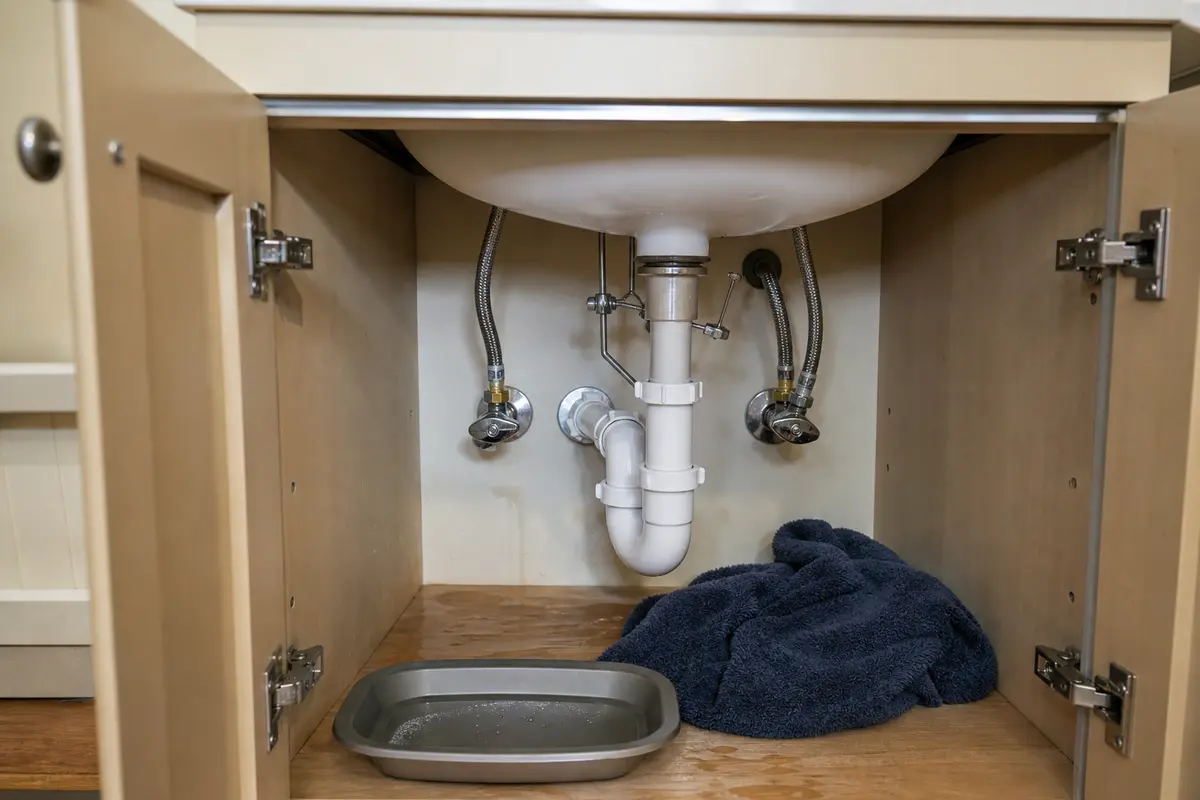 Open bathroom vanity with sink supply lines drain body and P-trap ready for leak inspection