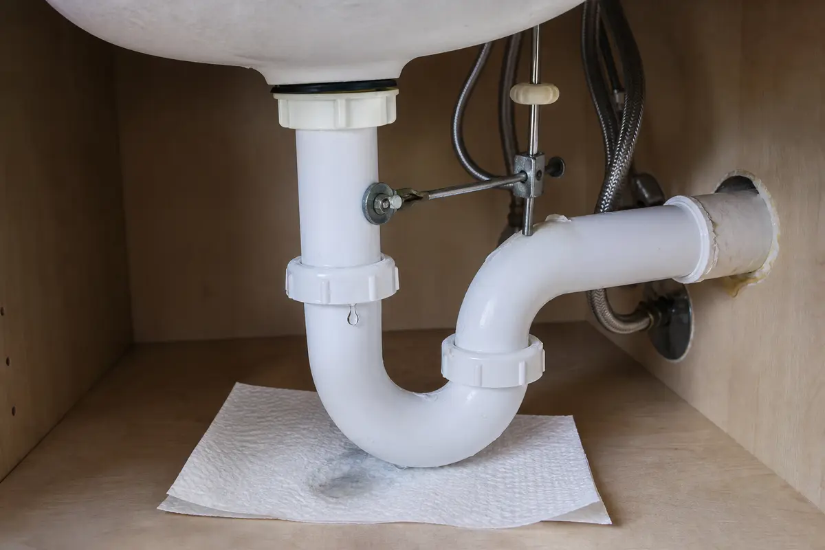 Bathroom sink P-trap slip joint dripping onto a dry paper towel