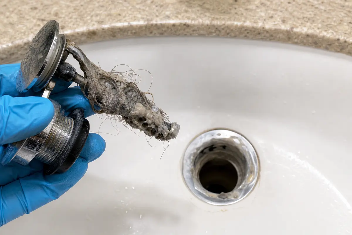 Bathroom sink not draining pop-up stopper covered with hair and soap sludge beside the drain opening