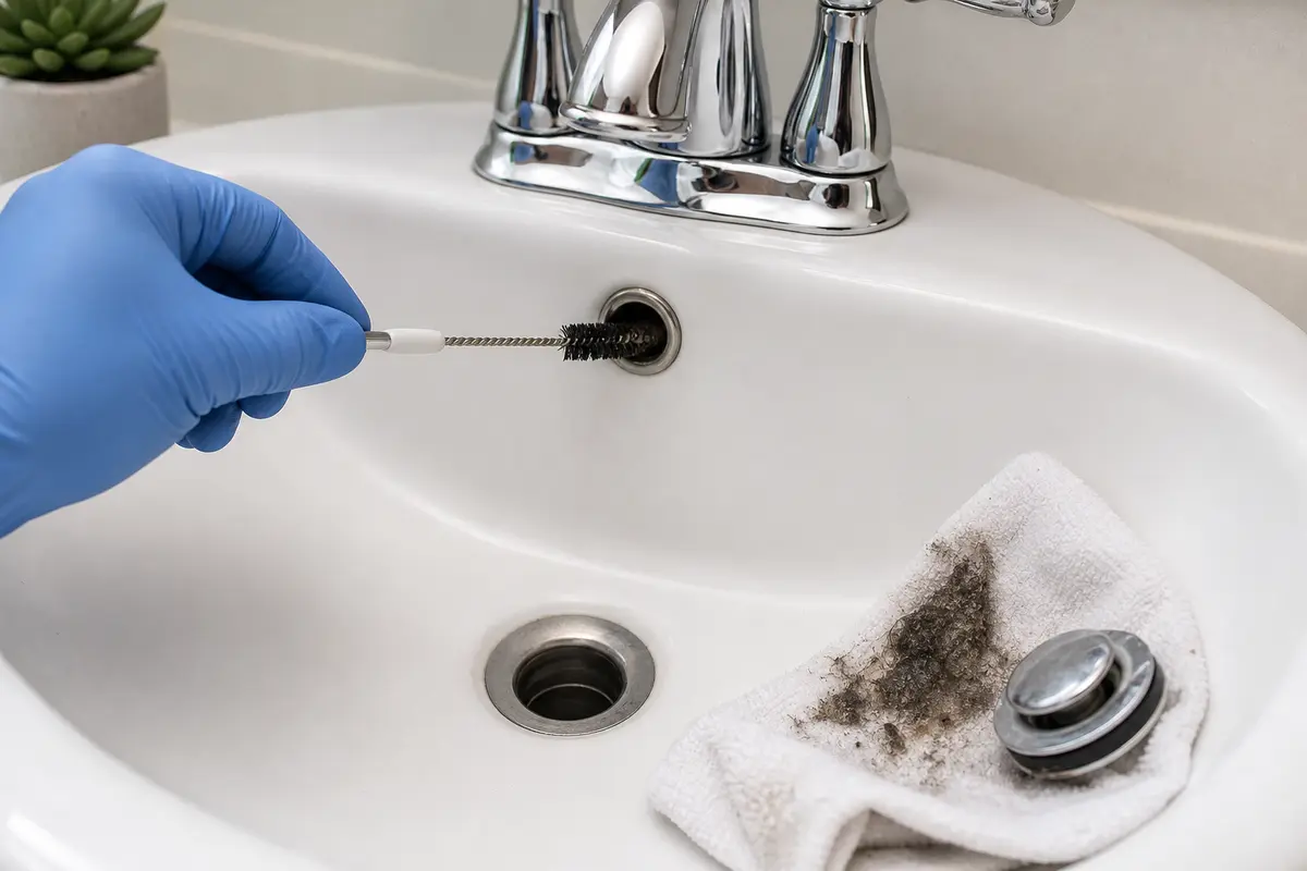 Gloved hand cleaning bathroom sink overflow opening with removed stopper nearby