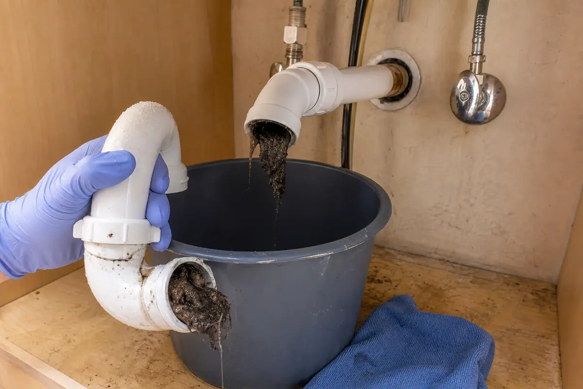 Bathroom sink P-trap dumping dark sludge into a bucket