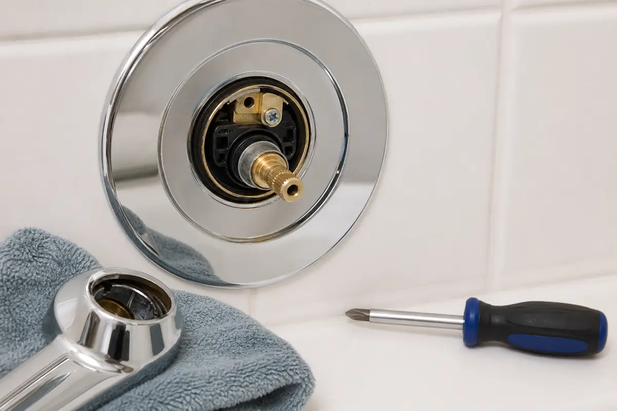 Bathtub handle removed to show the limit stop and valve stem for cold-only water diagnosis