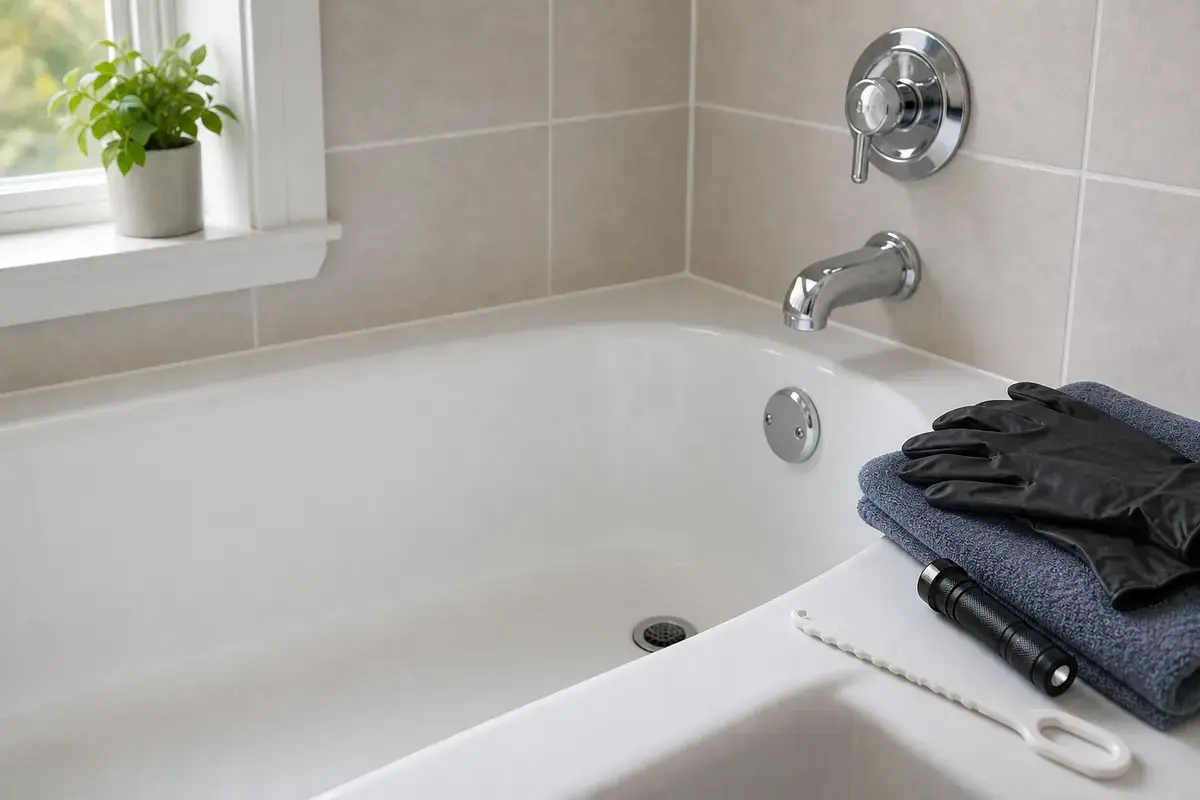 Bathtub drain and overflow troubleshooting setup with gloves and drain tool
