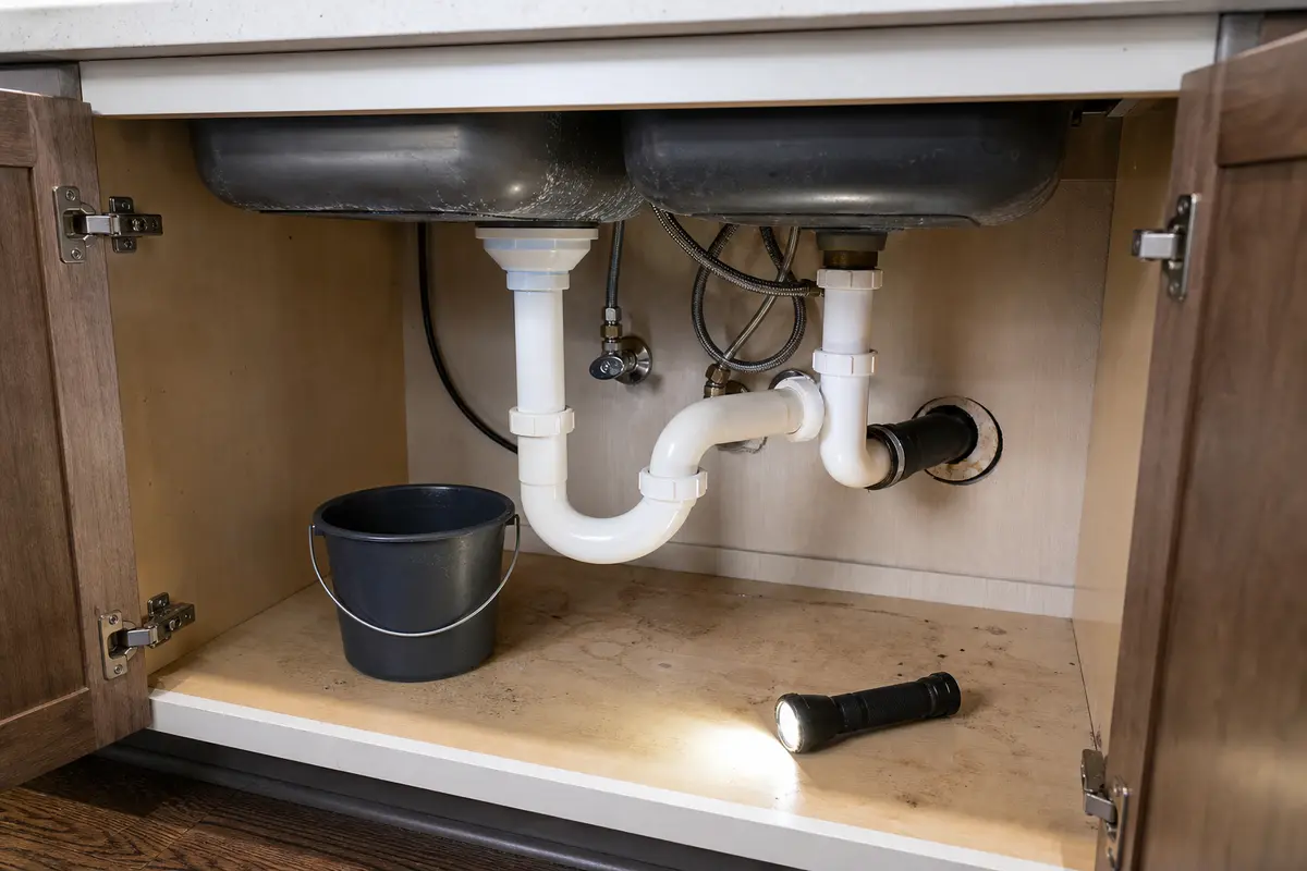 Kitchen sink P-trap and wall drain connection inspected for a whistling drain