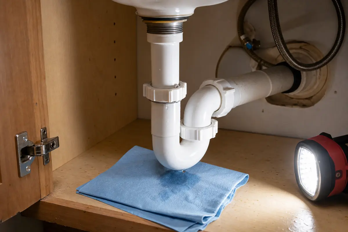 Small drip at a kitchen sink slip joint showing a misseated washer or loose fitting