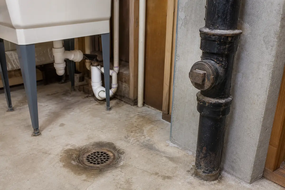 Basement utility area with floor drain, cleanout cap, and exposed plumbing for windy day sewer smell checks