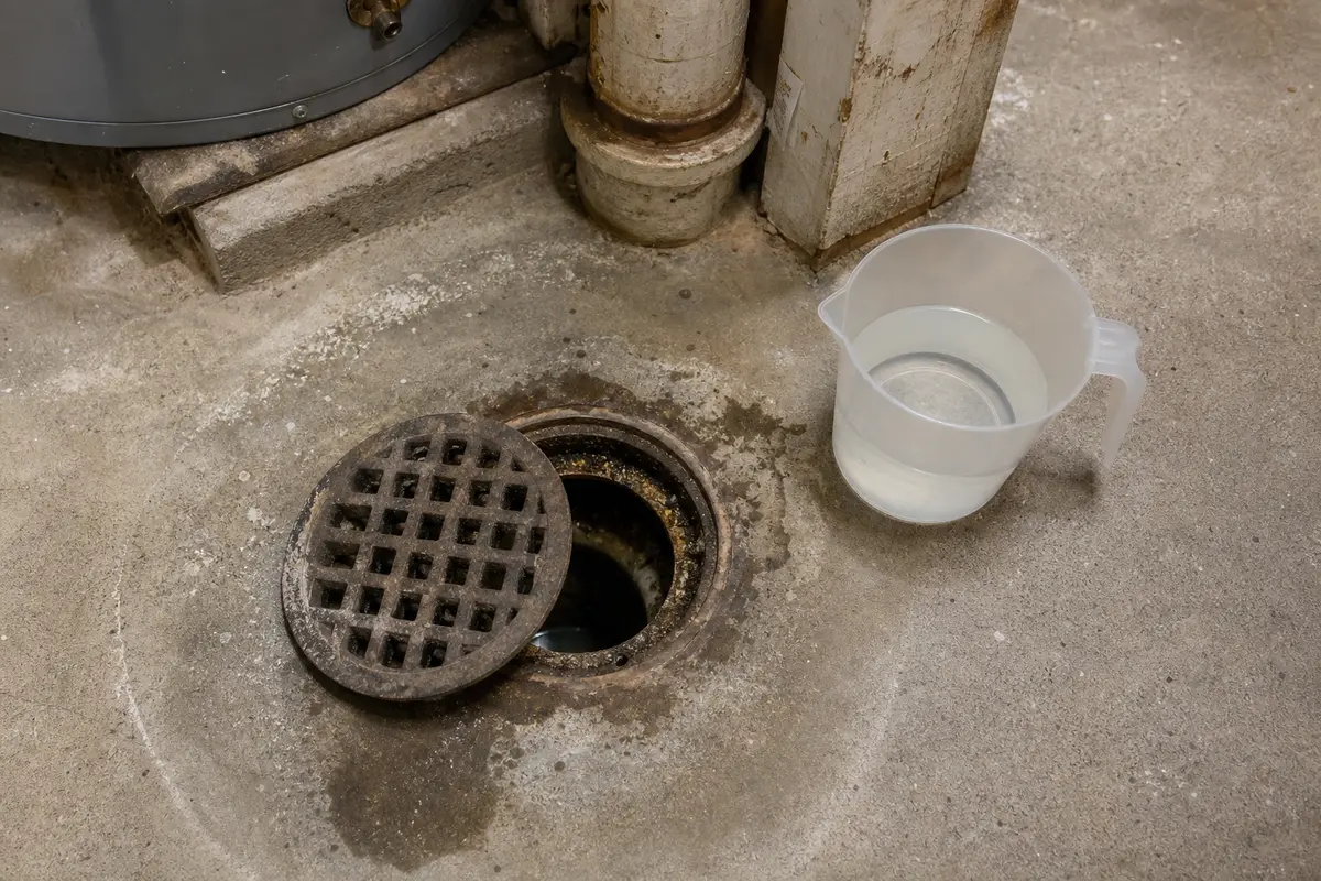 Floor drain grate moved aside with clean water ready to refill a dry trap after windy sewer smell