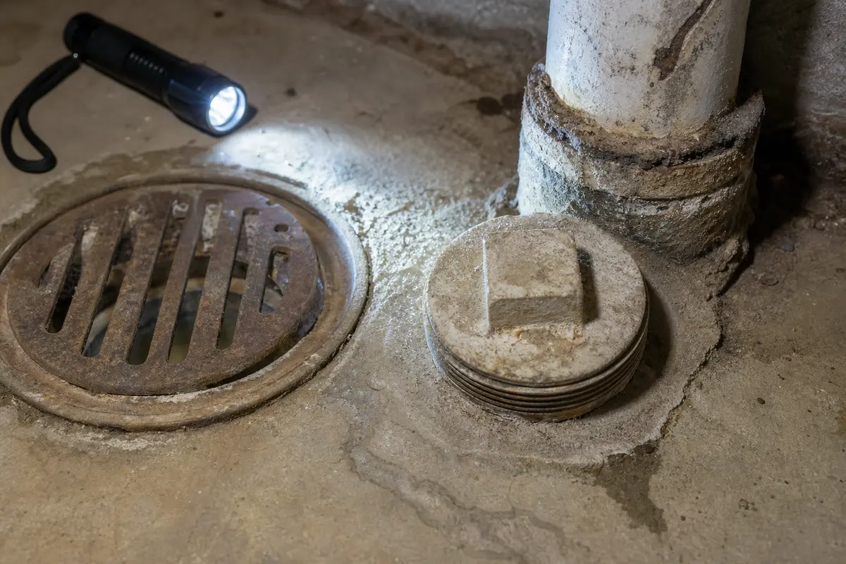 Close view of floor drain and cleanout cap seam checked for sewer smell when wind changes pressure