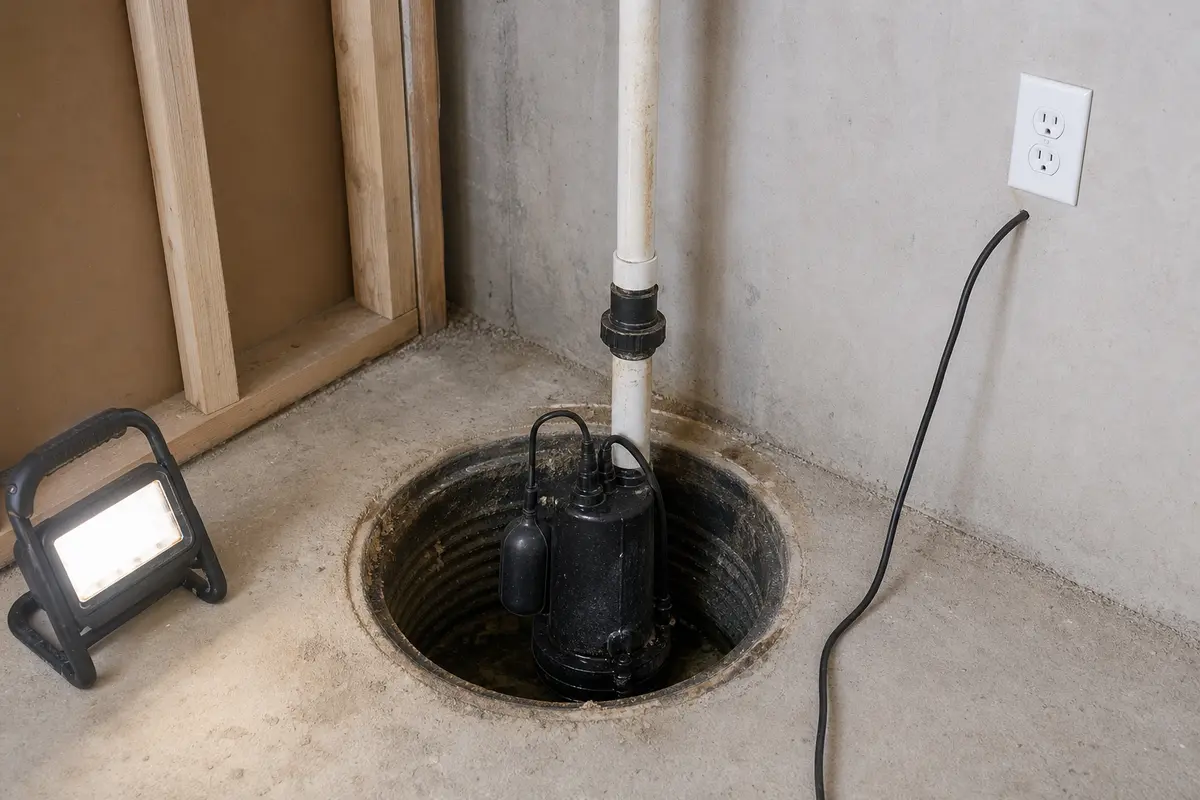 Sump pump pit and discharge pipe area ready for a first wet point inspection