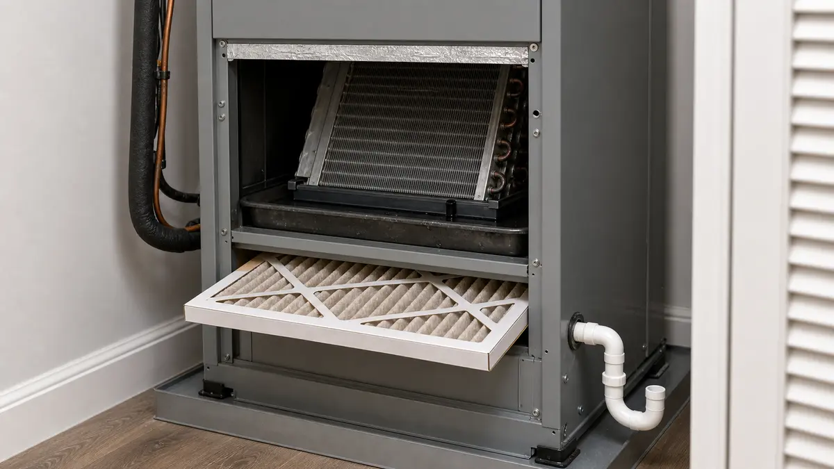 Air handler filter slot, drain pan, and condensate line inspection area