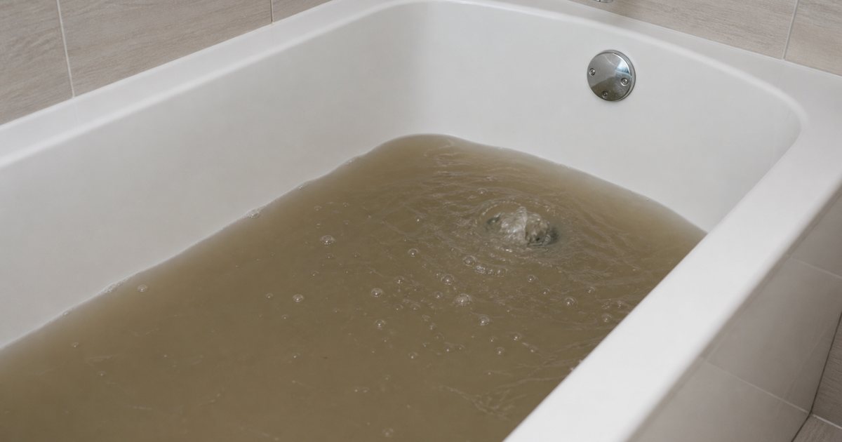 Bathtub partially filled with murky dirty water rising around the drain