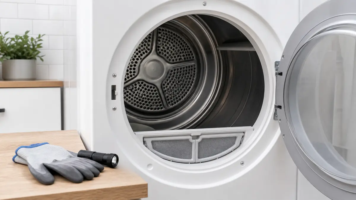 Open dryer drum and lint screen area ready for a clicking noise inspection