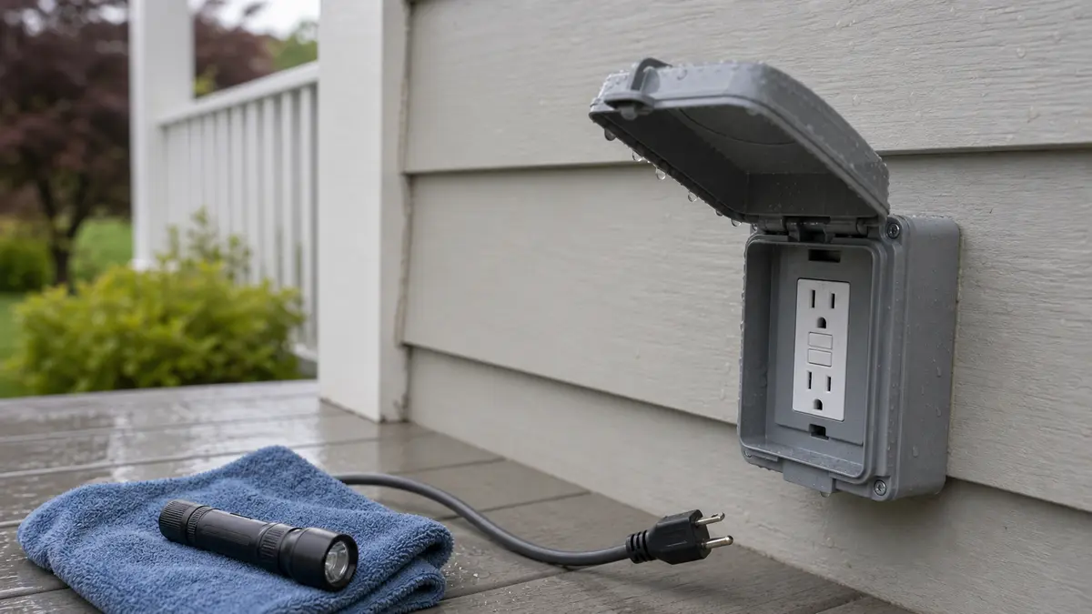 Outdoor GFCI outlet with weather cover opened for moisture inspection after rain