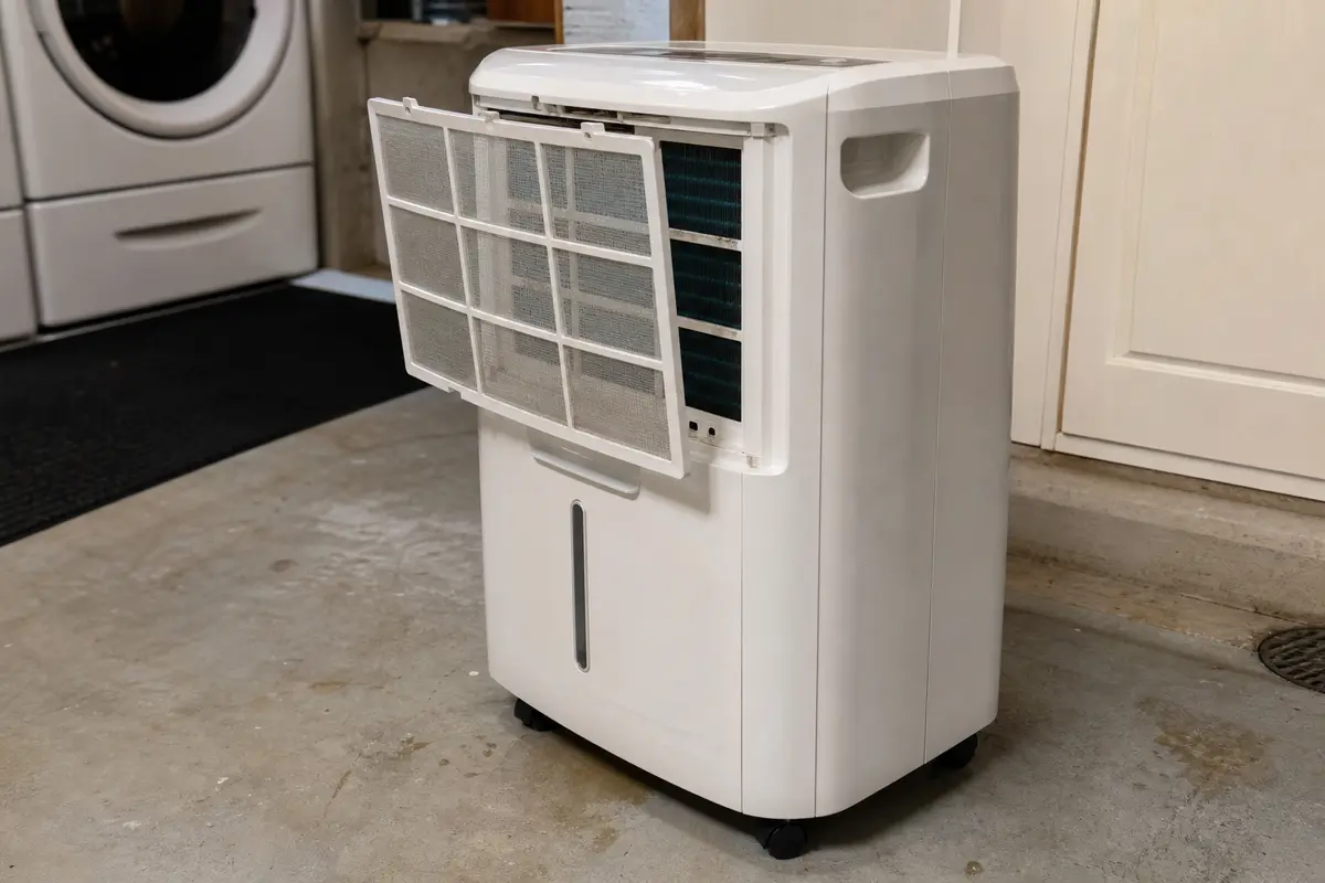 Honeywell-style portable dehumidifier with rear filter pulled for E3 airflow check