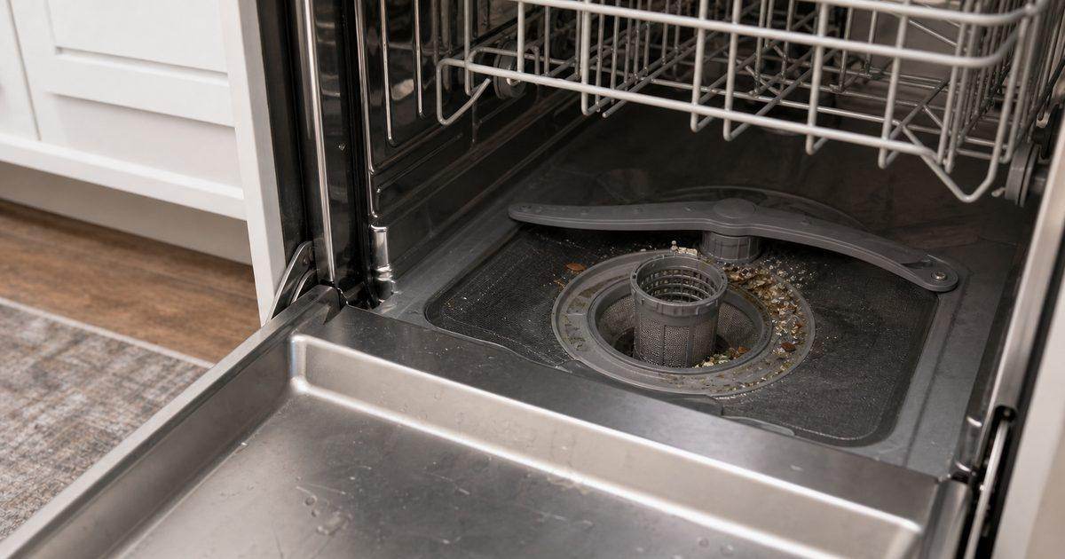 Open dishwasher with lower rack pulled out and debris around the filter and sump area