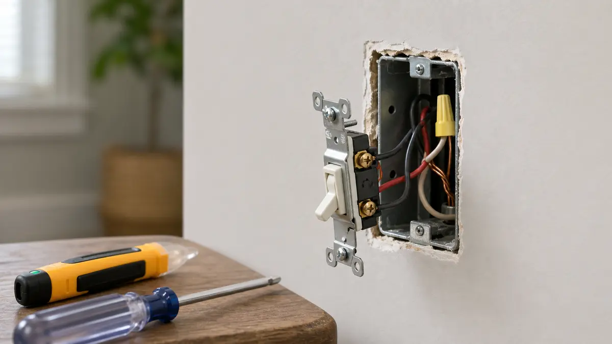 Light switch pulled forward from an electrical box for safe inspection with power off