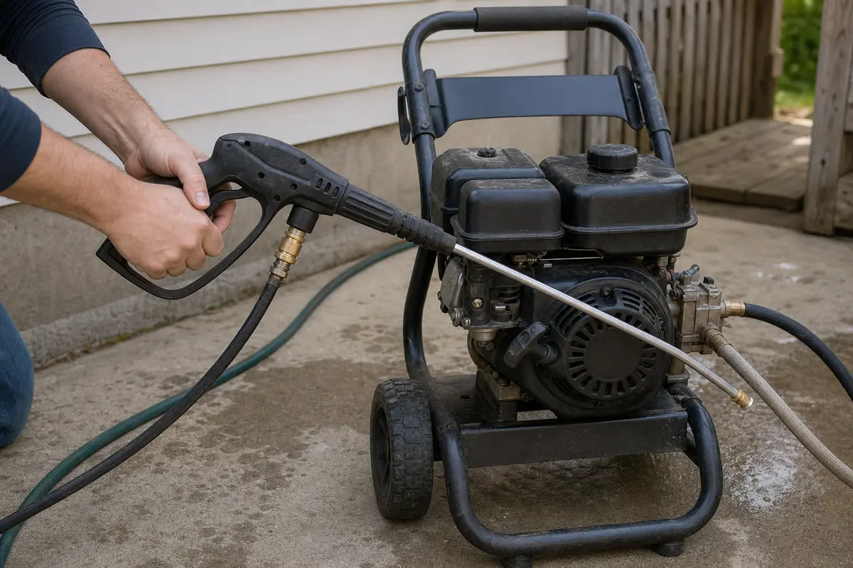 Pressure washer spray gun trigger being squeezed before pulling a stuck starter rope