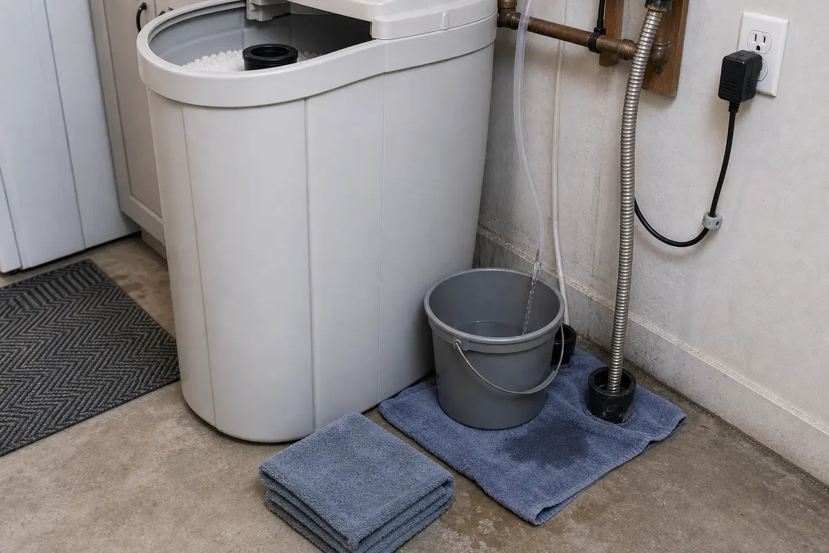 Bucket and towels staged beside a cabinet style water softener for minor cleanup