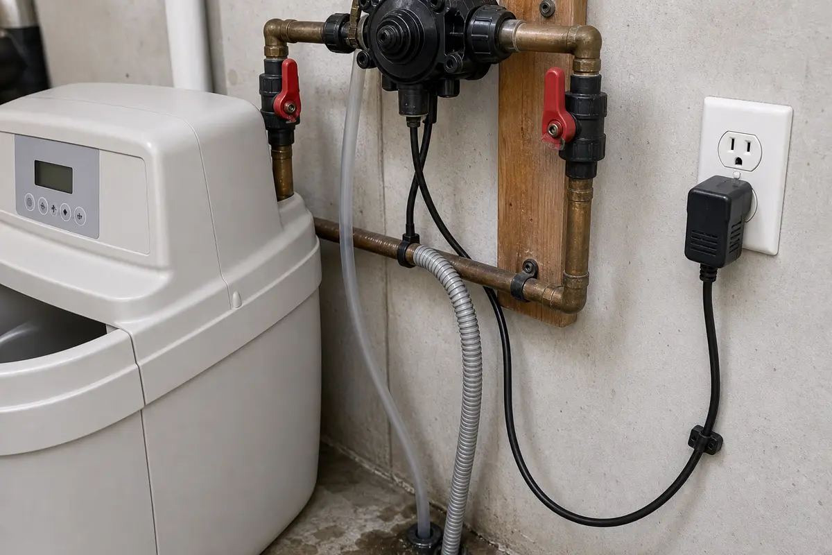 Rheem style softener transformer cord bypass valve brine tube and drain tube checked while dry