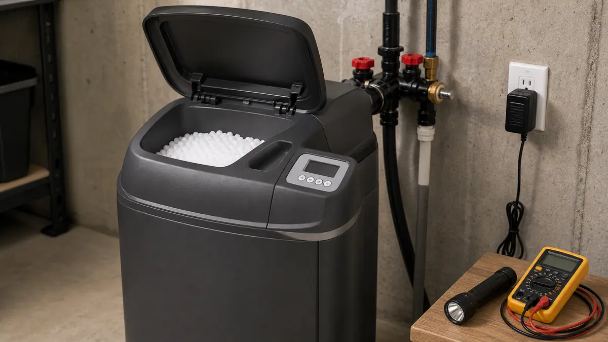 Dark cabinet-style water softener with integrated control and open salt compartment in the same unit