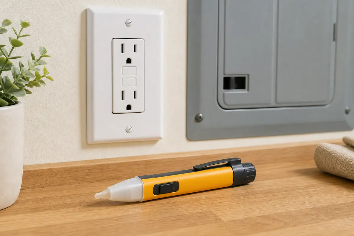 Non-contact voltage tester beside a closed AFCI receptacle for power-off screening