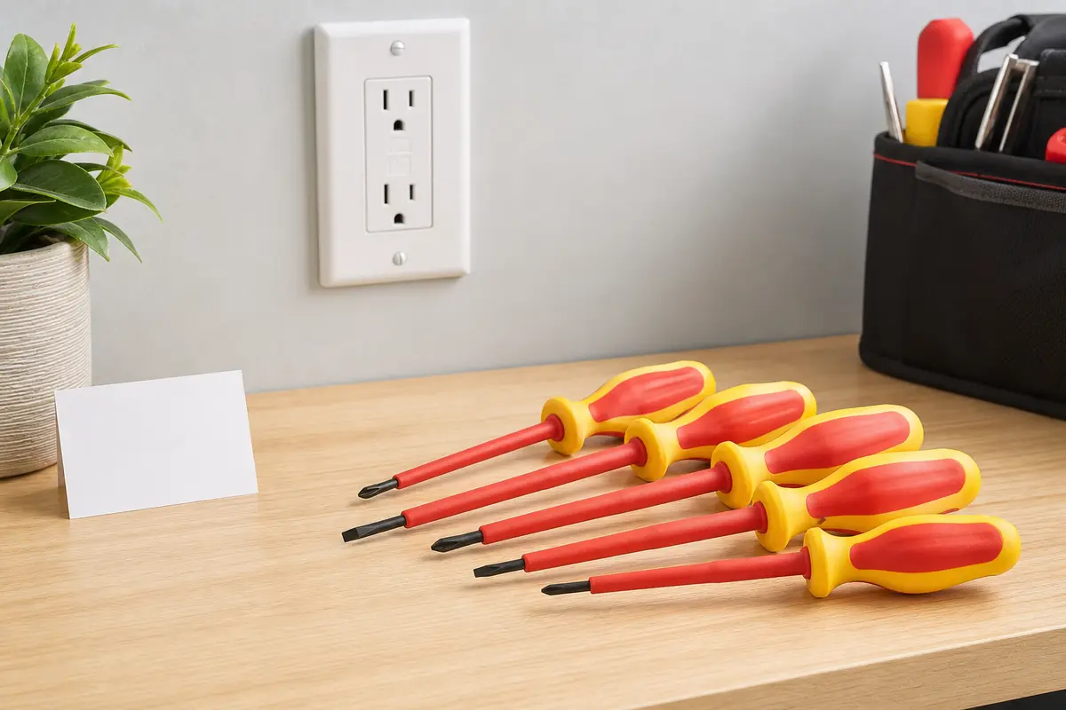 Insulated screwdriver set beside a receptacle for power-off cover plate work