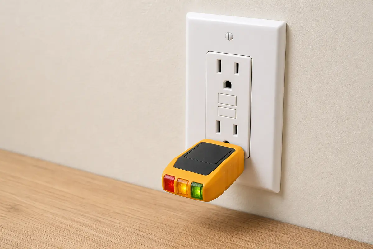 Plug-in outlet tester seated in a dry receptacle during AFCI circuit mapping