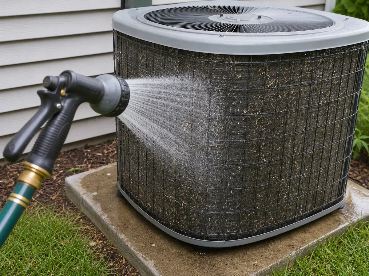 Gentle hose spray nozzle rinsing an outdoor AC condenser coil