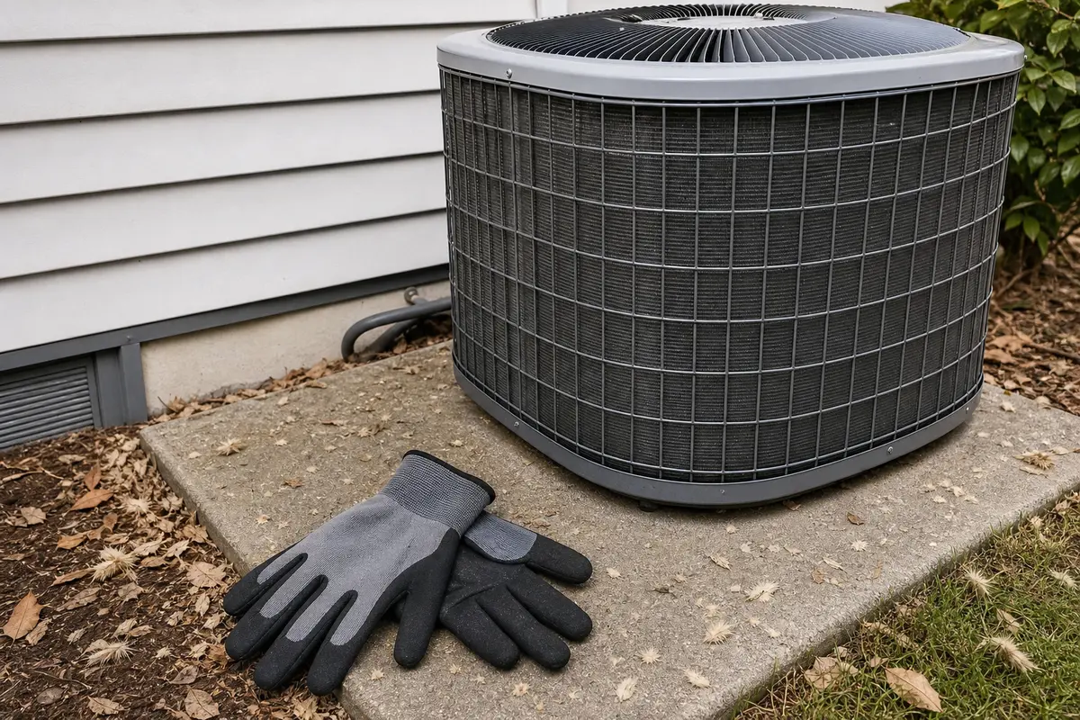 Work gloves beside an outdoor AC condenser for powered-down debris cleanup