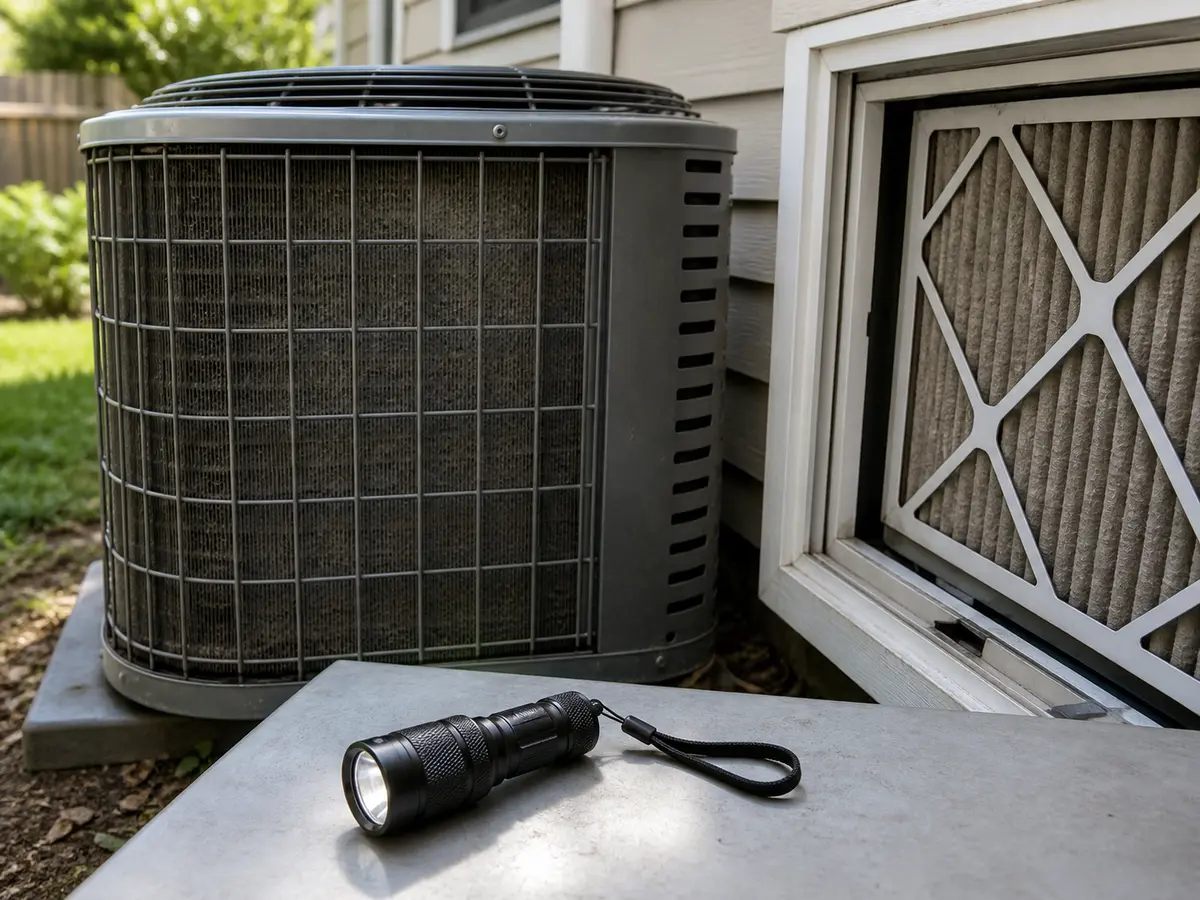 Inspection flashlight beside an outdoor AC condenser for short cycling checks