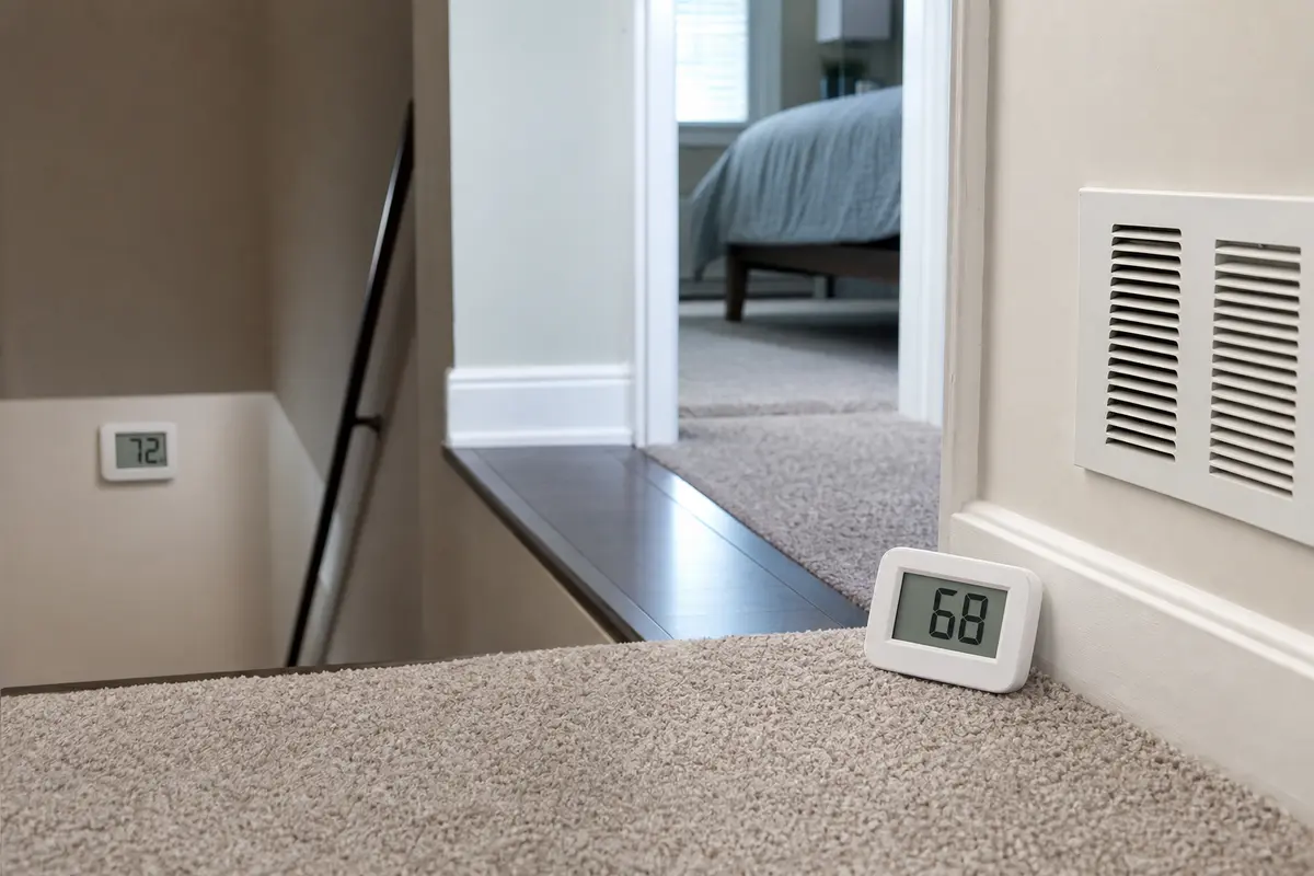 Room thermometer for upstairs airflow comparison checks