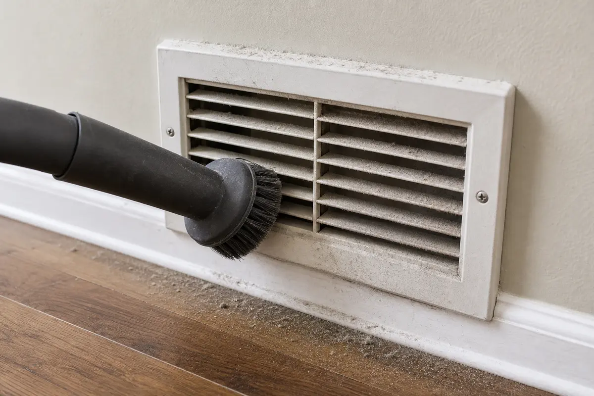 Vacuum brush attachment for reachable register grille cleaning