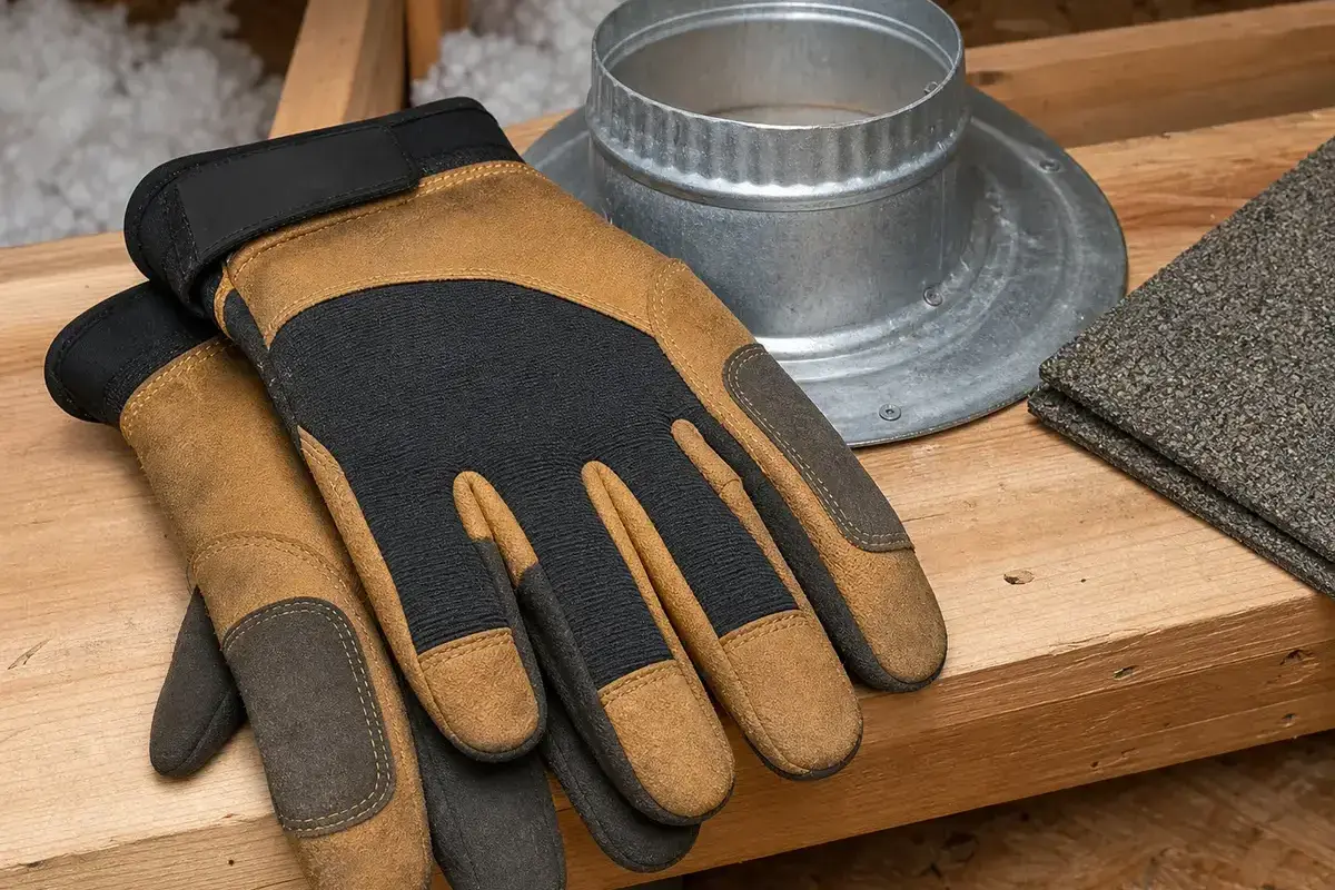 Work gloves beside attic fan sheet metal for safer handling