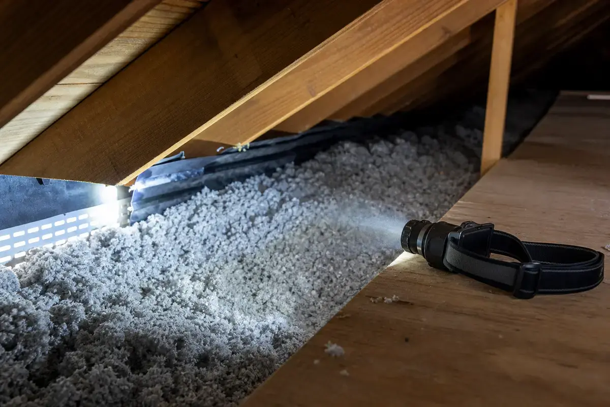 Headlamp used to inspect roof-deck frost and eave airflow clues