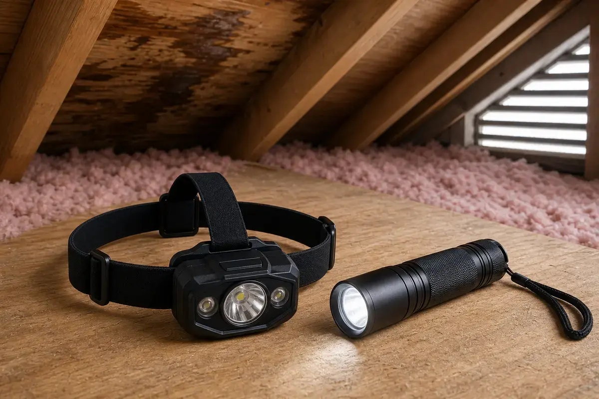 Headlamp used to inspect hot attic eaves, baffles, and hatch edges