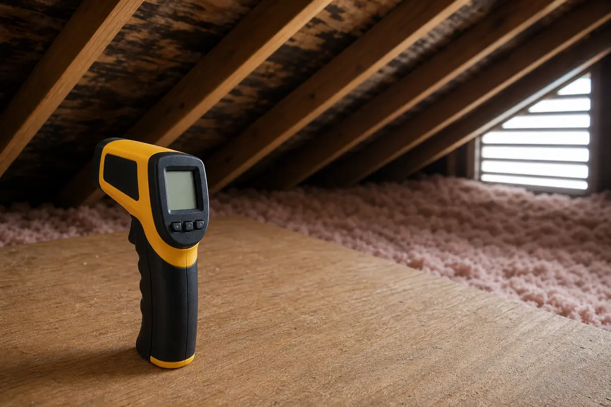 Infrared thermometer used to compare hot attic roof deck, hatch, and ceiling surfaces