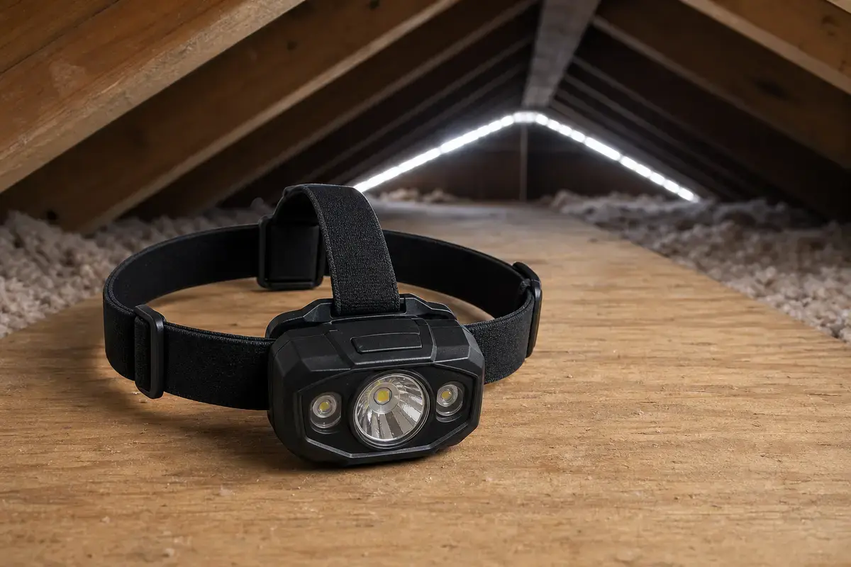 Headlamp used to check a whistling attic vent from inside the attic