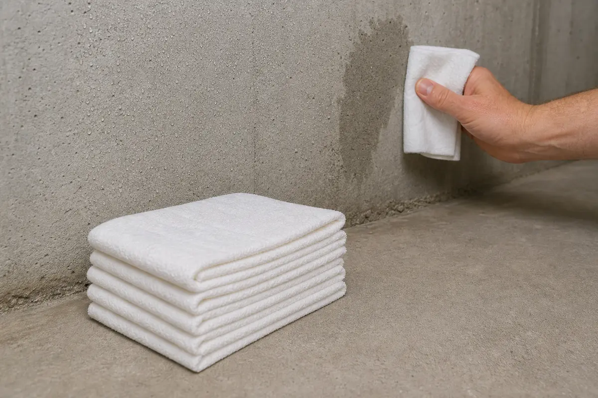 Absorbent towels wiping a small basement wall condensation area