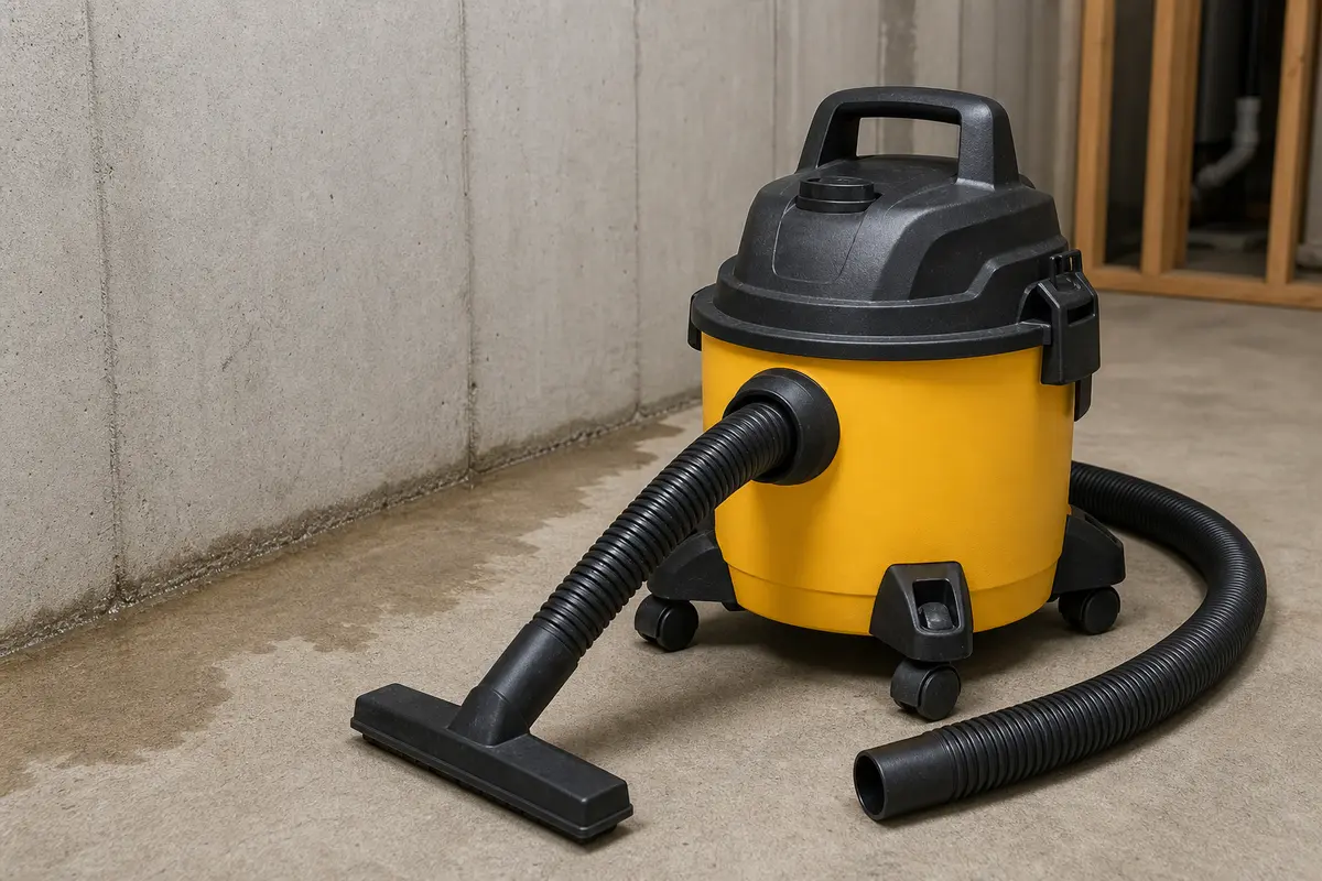 Wet dry vacuum staged for small basement water cleanup