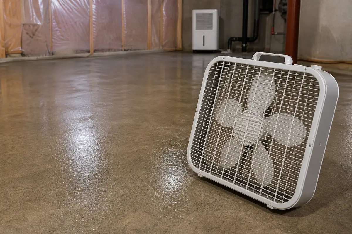 Box fan positioned to dry a condensation-slick basement floor
