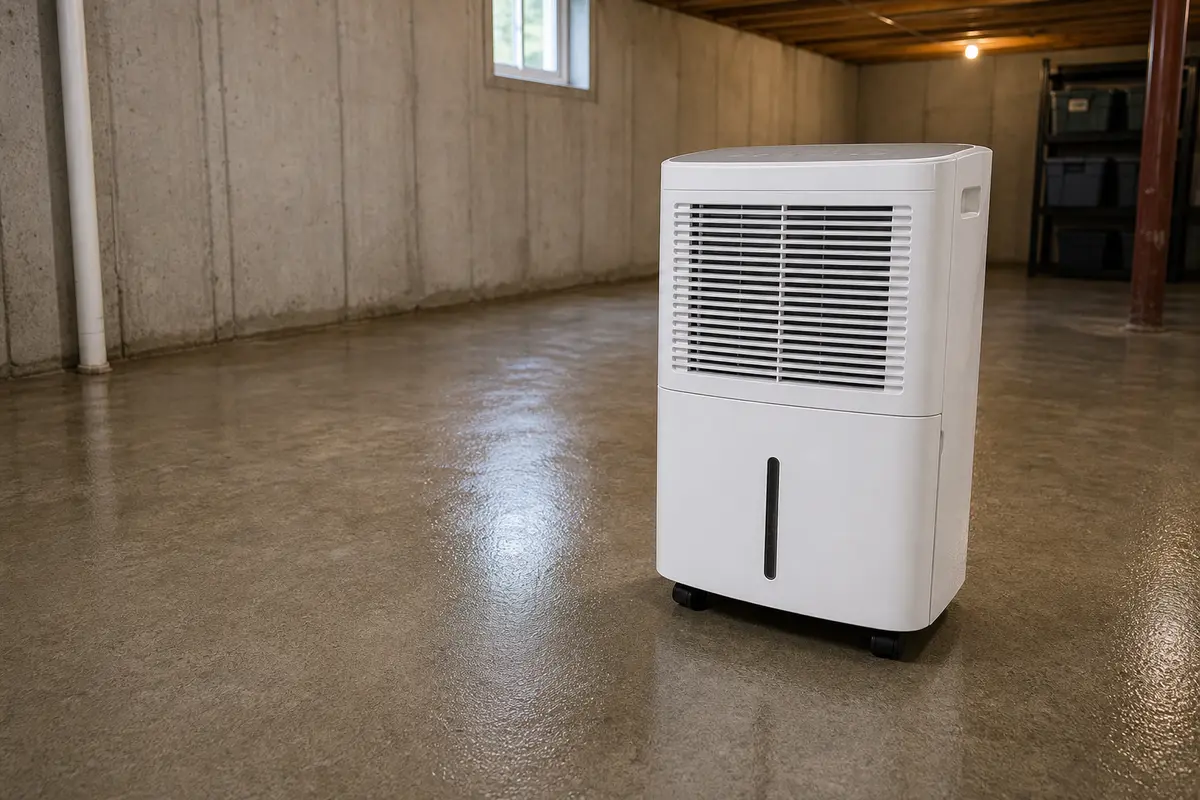 Basement dehumidifier used near a frosty foundation wall