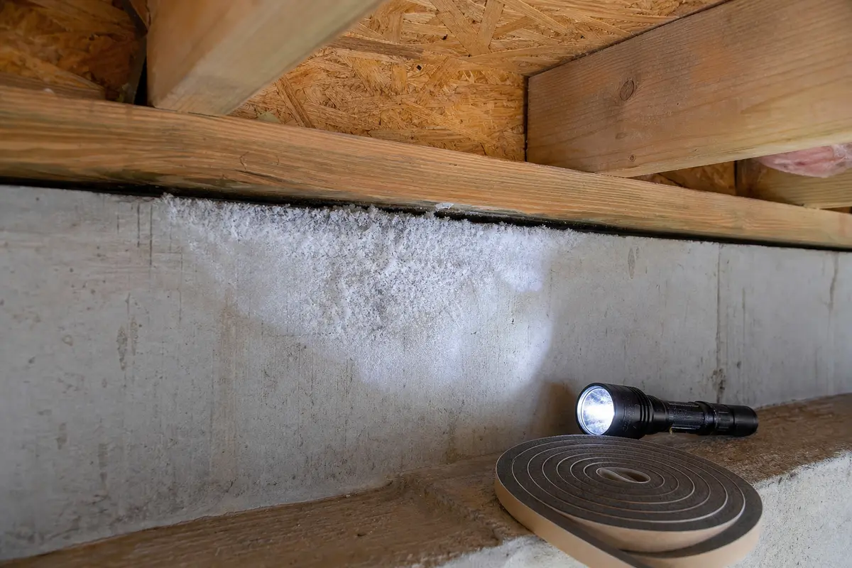 Inspection flashlight aimed at frost on a basement foundation wall