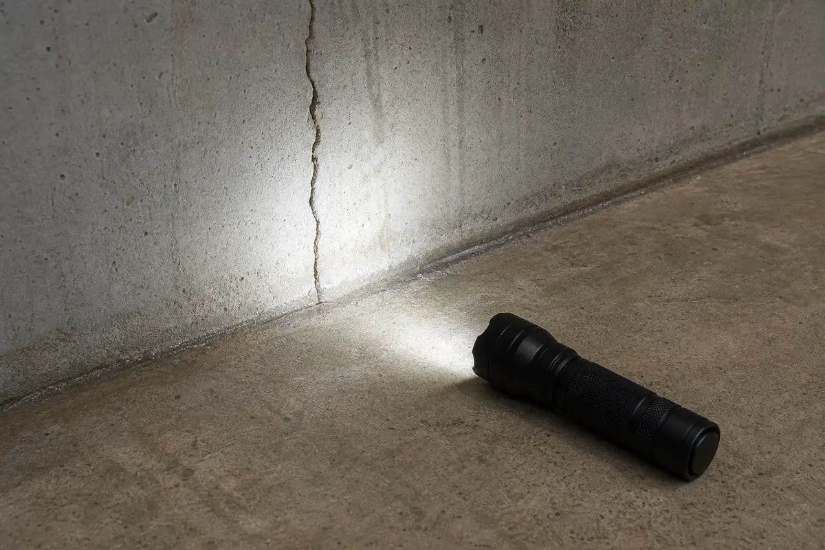 Inspection flashlight illuminating a basement hairline wall crack