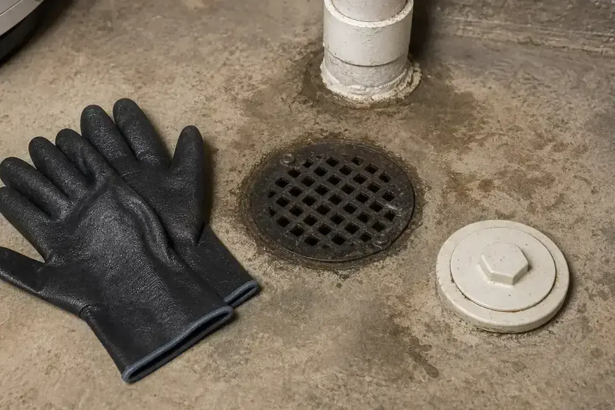 Waterproof work gloves beside a basement floor drain after a rain leak