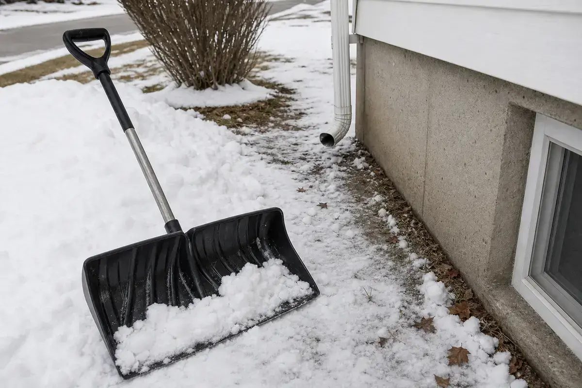 Snow shovel clearing melt snow away from a basement foundation