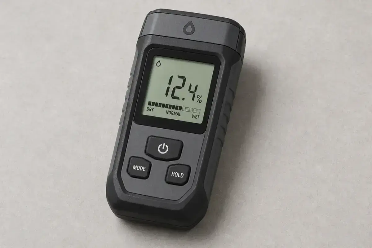 Pinless moisture meter checking moisture near a bulging basement wall