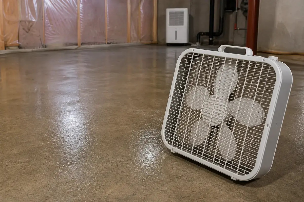 Box fan moving air near a cold wet basement wall