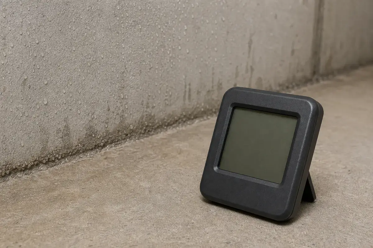 Digital hygrometer checking humidity near a cold wet basement wall