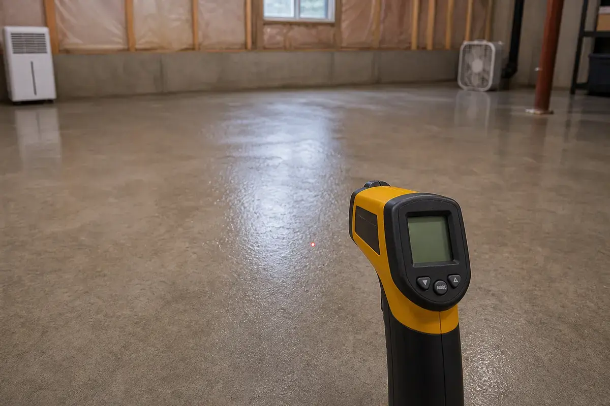 Infrared thermometer checking a cold wet basement wall